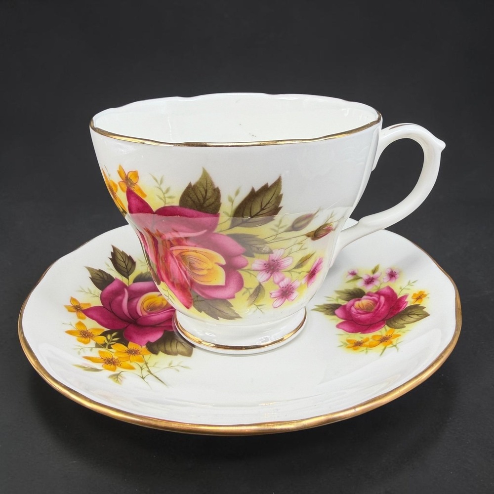 Duchess Bone China England Tea Cup and Saucer Set Pink Rose Floral Gold Trim 344